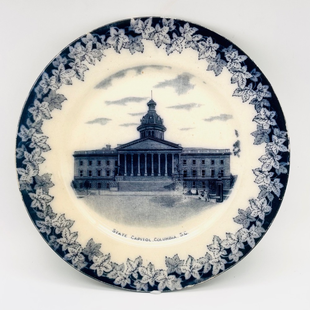State Capital Columbia SC Souvenir Plate‎ Flow Blue Transferware 9.25in